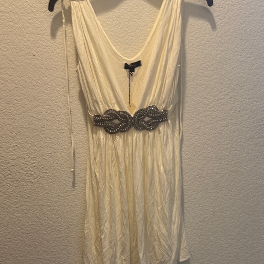 Vintage Sky Cream Mini Dress with Silver Rhinestone Belt